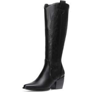image:imageDREAM PAIRS Womens Cowboy Boots Wide Calf Comfortable Pull On Zipper Chunky Heel Pointed Toe Embroidered Western Cowgirl Knee High Boots Ladies Retro Tall BootBlackPu