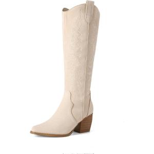 image:imageDREAM PAIRS Womens Cowboy Boots Wide Calf Comfortable Pull On Zipper Chunky Heel Pointed Toe Embroidered Western Cowgirl Knee High Boots Ladies Retro Tall BootBeige
