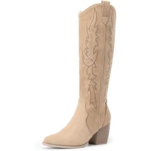image:imageDREAM PAIRS Womens Cowboy Boots Wide Calf Comfortable Pull On Zipper Chunky Heel Pointed Toe Embroidered Western Cowgirl Knee High Boots Ladies Retro Tall BootSand