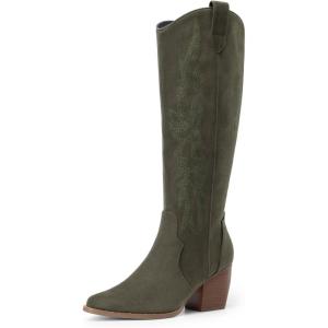 image:imageDREAM PAIRS Womens Cowboy Boots Wide Calf Comfortable Pull On Zipper Chunky Heel Pointed Toe Embroidered Western Cowgirl Knee High Boots Ladies Retro Tall BootGreen