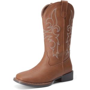 image:imageDREAM PAIRS Womens Cowboy Cowgirl Boots Embroidered Square Toe Mid Calf Western Boots Fashion Dress Chunky Low Heel Shoes for Theme Party Country ConcertTan