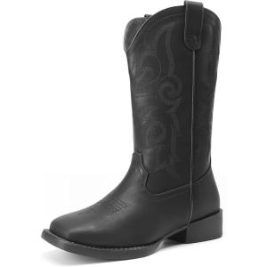 image:imageDREAM PAIRS Womens Cowboy Cowgirl Boots Embroidered Square Toe Mid Calf Western Boots Fashion Dress Chunky Low Heel Shoes for Theme Party Country ConcertAll Black
