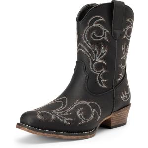 image:imageDREAM PAIRS Womens Cowboy Cowgirl Western Boots Embroidered Stitched Ankle Boots Square Toe Chunky Heel Fashion Short Booties with ZipperBlack