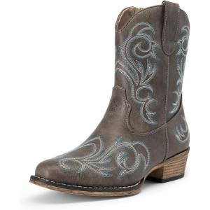 image:imageDREAM PAIRS Womens Cowboy Cowgirl Western Boots Embroidered Stitched Ankle Boots Square Toe Chunky Heel Fashion Short Booties with ZipperBrown