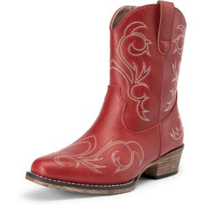 image:imageDREAM PAIRS Womens Cowboy Cowgirl Western Boots Embroidered Stitched Ankle Boots Square Toe Chunky Heel Fashion Short Booties with ZipperRed