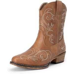 image:imageDREAM PAIRS Womens Cowboy Cowgirl Western Boots Embroidered Stitched Ankle Boots Square Toe Chunky Heel Fashion Short Booties with ZipperTan