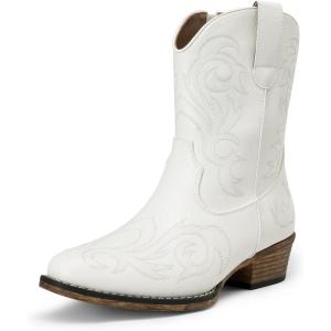 image:imageDREAM PAIRS Womens Cowboy Cowgirl Western Boots Embroidered Stitched Ankle Boots Square Toe Chunky Heel Fashion Short Booties with ZipperWhite