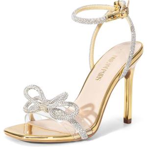 image:imageDREAM PAIRS Womens Double Bowknots Crystal Sandals Clear Slingback Heels Square Toe Shoes for Party WeddingGoldpat