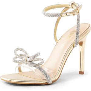 image:imageDREAM PAIRS Womens Double Bowknots Crystal Sandals Clear Slingback Heels Square Toe Shoes for Party WeddingGoldpu