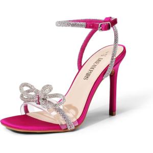 image:imageDREAM PAIRS Womens Double Bowknots Crystal Sandals Clear Slingback Heels Square Toe Shoes for Party WeddingHot Pinksatin