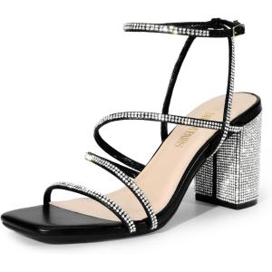 image:imageDREAM PAIRS Womens Heels Chunky Block Strappy Square Open Toe Ankle Buckle Heeled Sandals Wedding Party Dress Shoes IndieBlackrhinestone