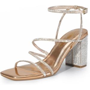 image:imageDREAM PAIRS Womens Heels Chunky Block Strappy Square Open Toe Ankle Buckle Heeled Sandals Wedding Party Dress Shoes IndieRose Goldrhinestone