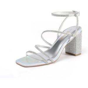 image:imageDREAM PAIRS Womens Heels Chunky Block Strappy Square Open Toe Ankle Buckle Heeled Sandals Wedding Party Dress Shoes IndieSilverrhinestone