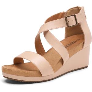 image:imageDREAM PAIRS Womens Open Toe Buckle Ankle Strap Summer Platform Wedge SandalsNudePu