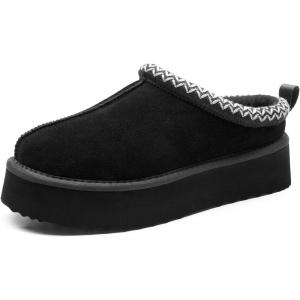 image:imageDREAM PAIRS Womens Platform Slippers Genuine Suede Slipon Warm FuzzyEasy Autumn Winter Fluffy Comfy Furry Shoes for Outdoor IndoorBlack