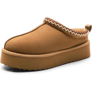 image:imageDREAM PAIRS Womens Platform Slippers Genuine Suede Slipon Warm FuzzyEasy Autumn Winter Fluffy Comfy Furry Shoes for Outdoor IndoorChestnut