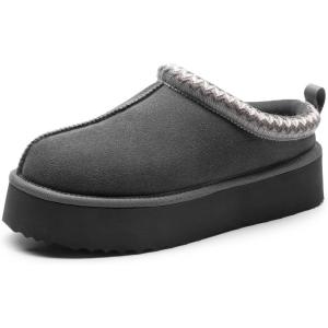 image:imageDREAM PAIRS Womens Platform Slippers Genuine Suede Slipon Warm FuzzyEasy Autumn Winter Fluffy Comfy Furry Shoes for Outdoor IndoorGrey
