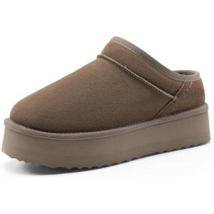 image:imageDREAM PAIRS Womens Slippers Platform Genuine Suede SlipOn Memory Foam Cozy Fluffy Warm Comfy Furry House Shoes for Outdoor IndoorTaupe