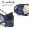 image:imageDREAM PAIRS Girls Dress Shoes Closed Toe Low Heels Ankle Strap Bow Ballet Wedding Party Sandals Princess Flower Shoes for Little KidNavy
