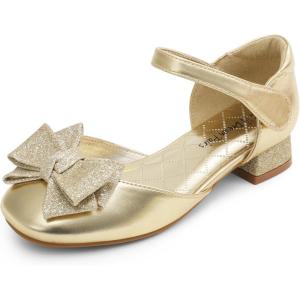 image:imageDREAM PAIRS Girls Dress Shoes Closed Toe Low Heels Ankle Strap Bow Ballet Wedding Party Sandals Princess Flower Shoes for Little KidGold