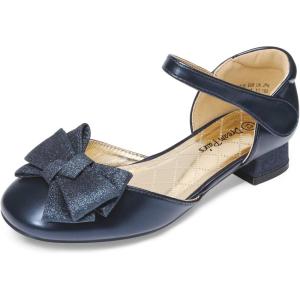 image:imageDREAM PAIRS Girls Dress Shoes Closed Toe Low Heels Ankle Strap Bow Ballet Wedding Party Sandals Princess Flower Shoes for Little KidNavy