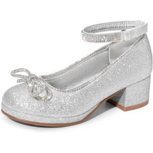 image:imageDREAM PAIRS Girls Dress Shoes Platform Chunky Heel Ankle Strap Princess Flats Flower Party Wedding Pump for Little Big KidSilver