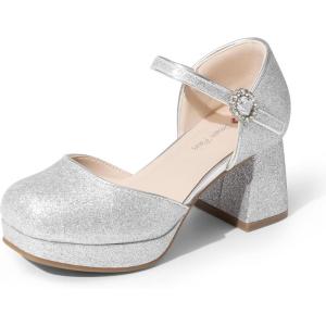 image:imageDREAM PAIRS Girls Dress Shoes Platform Square Toe High Heels Ankle Strap Party Wedding Flower Pump for Little Big KidSilver