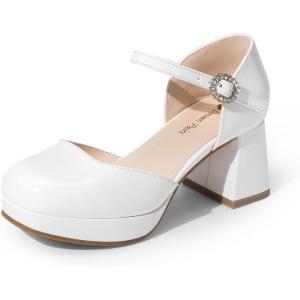 image:imageDREAM PAIRS Girls Dress Shoes Platform Square Toe High Heels Ankle Strap Party Wedding Flower Pump for Little Big KidWhite
