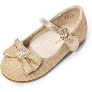 image:imageDREAM PAIRS Girls Mary Jane Dress Shoes for Toddler Heart Rhinestone Front Bow Ballerina Flat ToddlerLittle KidGoldGlitter