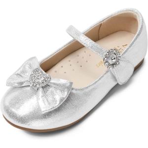 image:imageDREAM PAIRS Girls Mary Jane Dress Shoes for Toddler Heart Rhinestone Front Bow Ballerina Flat ToddlerLittle KidSilver