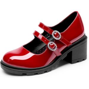 image:imageDREAM PAIRS Mary Jane Shoes for Girls Platform School Uniform Party Chunky Dress Heel Double Straps Flats for Little Big KidRed
