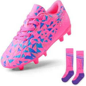 image:imageDREAM PAIRS Boys Girls Soccer Cleats Youth Firm Groud Athletic Outdoor Trainning Football Shoes with Soccer SocksFuchsiaPinkRoyalBlue