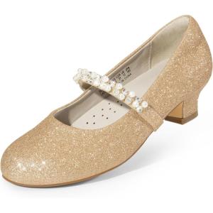 image:imageDREAM PAIRS Girls Dress Shoes Low Heels for Little Big Girl Mary Jane Shoes with Pearl Rhinestones Flower Girl Pumps Princess Wedding PartyGoldglitter