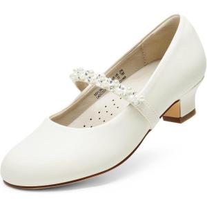 image:imageDREAM PAIRS Girls Dress Shoes Low Heels for Little Big Girl Mary Jane Shoes with Pearl Rhinestones Flower Girl Pumps Princess Wedding PartyIvoryPu