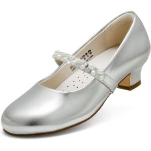 image:imageDREAM PAIRS Girls Dress Shoes Low Heels for Little Big Girl Mary Jane Shoes with Pearl Rhinestones Flower Girl Pumps Princess Wedding PartySilver