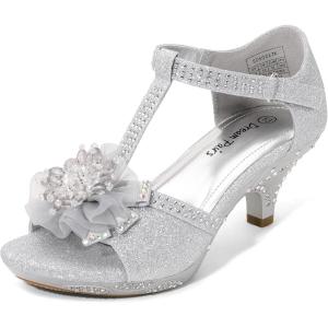 image:imageDREAM PAIRS Girls Sandals Low Heel Dress Pump Ankle T Strap Flower Shoes ToddlerLittle KidBig KidSilver