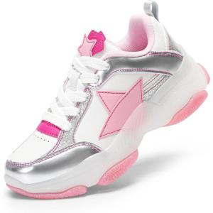 image:imageDREAM PAIRS Girls Sneakers Lace up Lightweight Sparkle StarGlow Breathable Jelly Sole Kids Walking Shoes Casual SportsPinkSilver