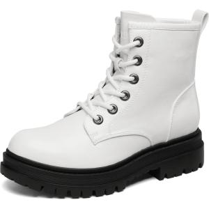 image:imageDREAM PAIRS Combat Boots Ankle Booties Laceup Platform Side Zipper Lug Sole Boots Ankle Boots for WomenWhite