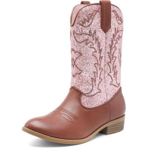 image:imageDREAM PAIRS Cowgirl Cowboy Western Boots Girls Mid Calf Riding Shoes Little KidBig KidPinkBrown
