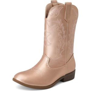 image:imageDREAM PAIRS Cowgirl Cowboy Western Boots Girls Mid Calf Riding Shoes Little KidBig KidRose Gold