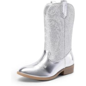 image:imageDREAM PAIRS Cowgirl Cowboy Western Boots Girls Mid Calf Riding Shoes Little KidBig KidSilver