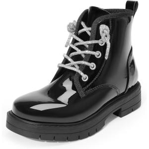 image:imageDREAM PAIRS Girls Boys Glitter Ankle Boots Side Zipper Combat Shoes with Lace Up for ToddlerLittle KidBig KidBlackpat