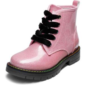 image:imageDREAM PAIRS Girls Boys Glitter Ankle Boots Side Zipper Combat Shoes with Lace Up for ToddlerLittle KidBig KidPinkPu