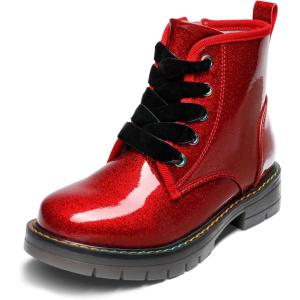 image:imageDREAM PAIRS Girls Boys Glitter Ankle Boots Side Zipper Combat Shoes with Lace Up for ToddlerLittle KidBig KidRedPu