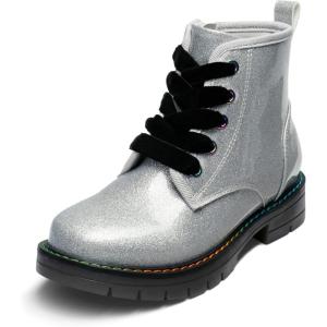 image:imageDREAM PAIRS Girls Boys Glitter Ankle Boots Side Zipper Combat Shoes with Lace Up for ToddlerLittle KidBig KidSilverPu