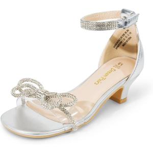 image:imageDREAM PAIRS Girls Sandals Ankle Strap Square Toe Low Heel Bow Flower Dress ShoesSilver