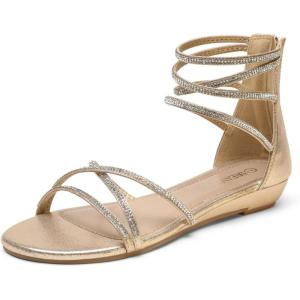 image:imageDREAM PAIRS Womens Ankle Strap Flat Sandals Summer Dressy Strappy Gladiator Rhinestones SandalsGold