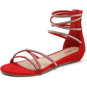 image:imageDREAM PAIRS Womens Ankle Strap Flat Sandals Summer Dressy Strappy Gladiator Rhinestones SandalsRed