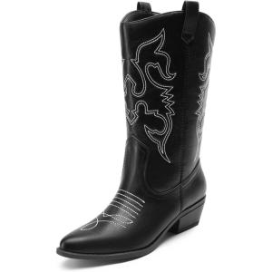 image:imageDREAM PAIRS Womens Cowboy Boots Pull On Cowgirl Boots Mid Calf Western Boots Available in Regular and Wide CalfBlackpu
