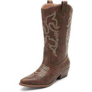 image:imageDREAM PAIRS Womens Cowboy Boots Pull On Cowgirl Boots Mid Calf Western Boots Available in Regular and Wide CalfBrownpu